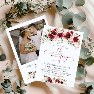 Elegant Burgundy Blush Roses Photo Floral Wedding Invitation