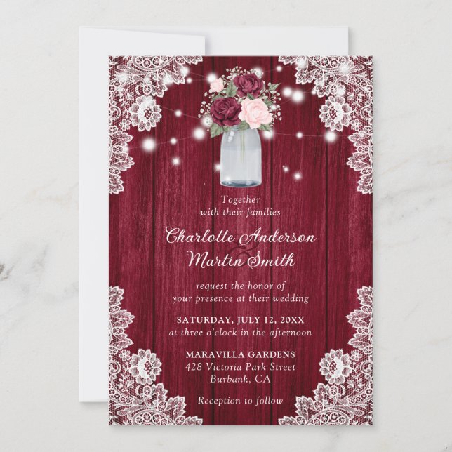 Elegant Burgundy Blush Rustic Wood Floral Wedding Invitation (Front)