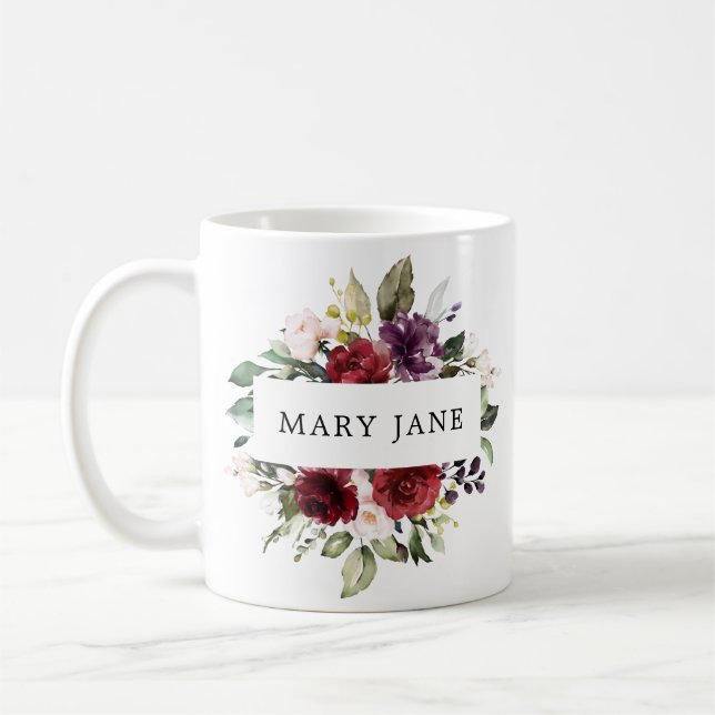 Elegant Burgundy Blush Watercolor Floral Name Coffee Mug (Left)