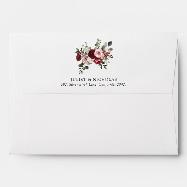 Elegant Burgundy & Blush Watercolor Floral Wedding Envelope (Back (Top Flap))