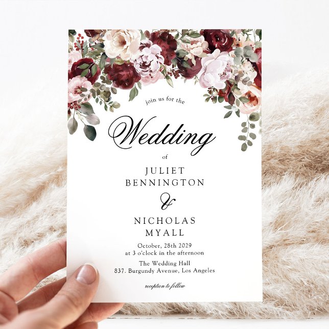 Elegant Burgundy & Blush Watercolor Floral Wedding Invitation (Creator Uploaded)