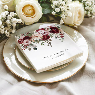 Elegant Burgundy & Blush Watercolor Floral Wedding Napkin
