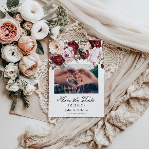 Elegant Burgundy & Blush Watercolor Floral Wedding Save The Date