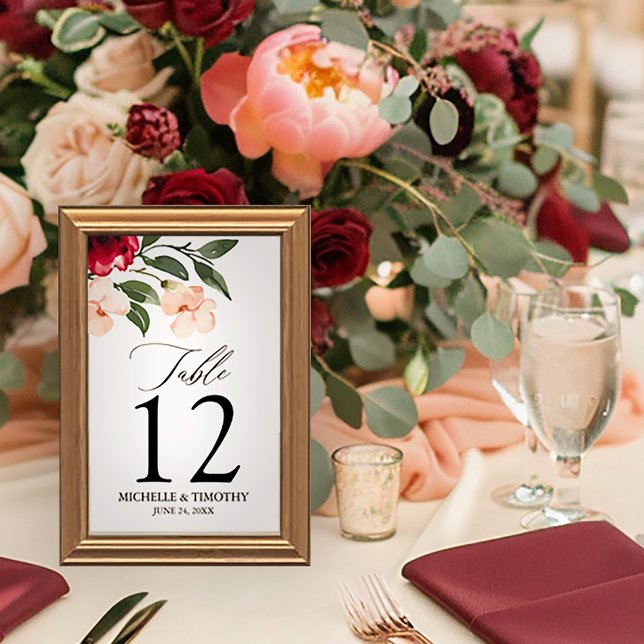 Elegant Burgundy Blush Watercolor Floral Wedding Table Number (Creator Uploaded)