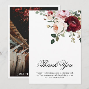 Elegant Burgundy & Blush Watercolor Floral Wedding Thank You Card