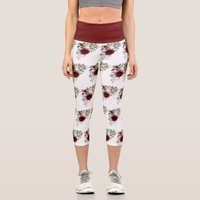 Elegant Burgundy Blush Watercolor Flowers Pattern Capri Leggings (Front)