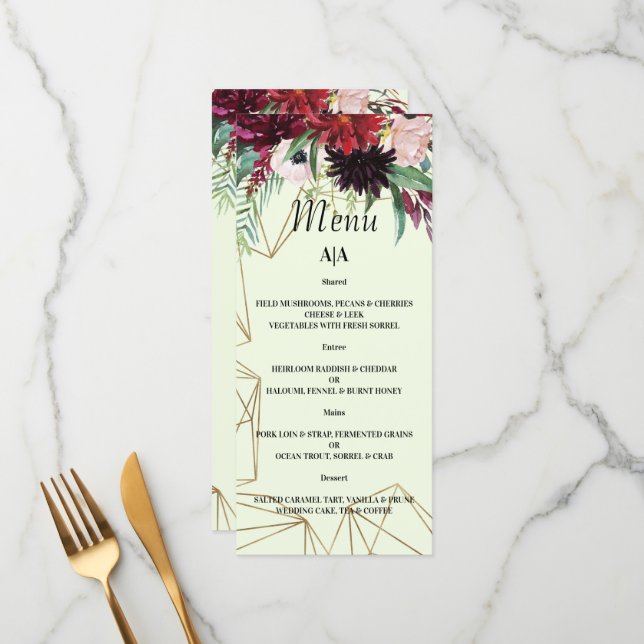 Elegant Burgundy Blush WEDDING MENU. Menu (Front/Back In Situ)