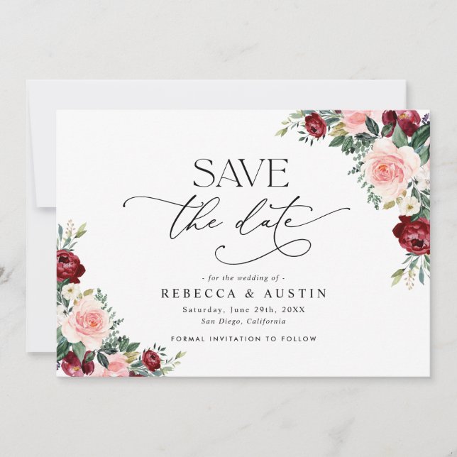 Elegant Burgundy Blush Wedding Save the Date Invitation (Front)
