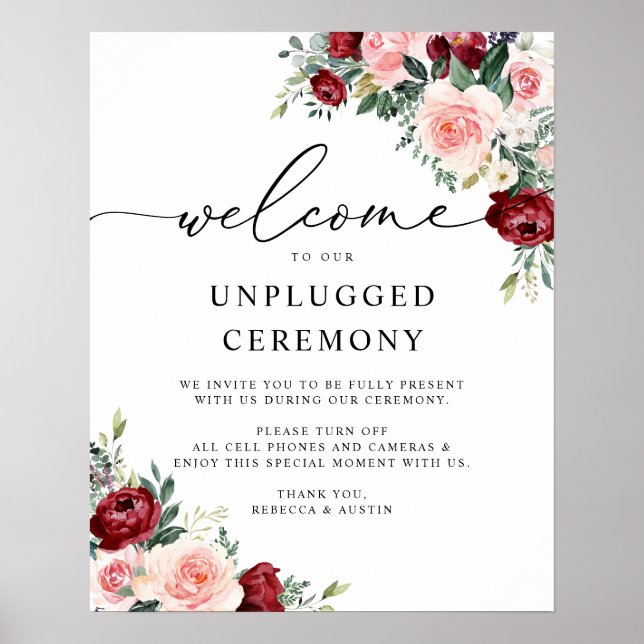 Elegant Burgundy Blush Wedding Unplugged Ceremony Poster (Front)