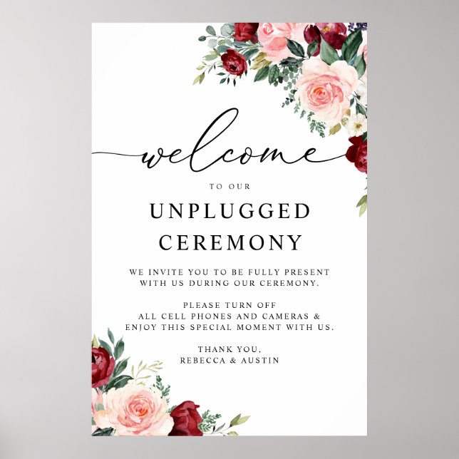 Elegant Burgundy Blush Wedding Unplugged Ceremony Poster (Front)