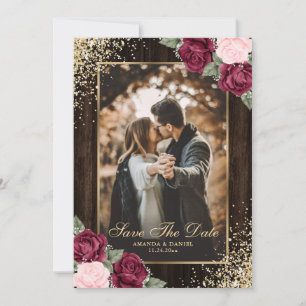 Elegant Burgundy Blush Wood Floral Wedding Photo Save The Date