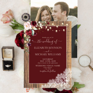 Elegant Burgundy Blush Wood Lace Photo Wedding  Invitation