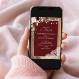 Elegant Burgundy Blush Wood Lace Script Wedding  Invitation