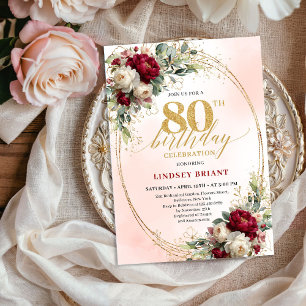 Elegant Burgundy Bohemian Floral 80th Birthday  Invitation