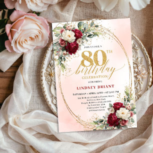 Elegant Burgundy Boho Botanical 80th Birthday   Invitation