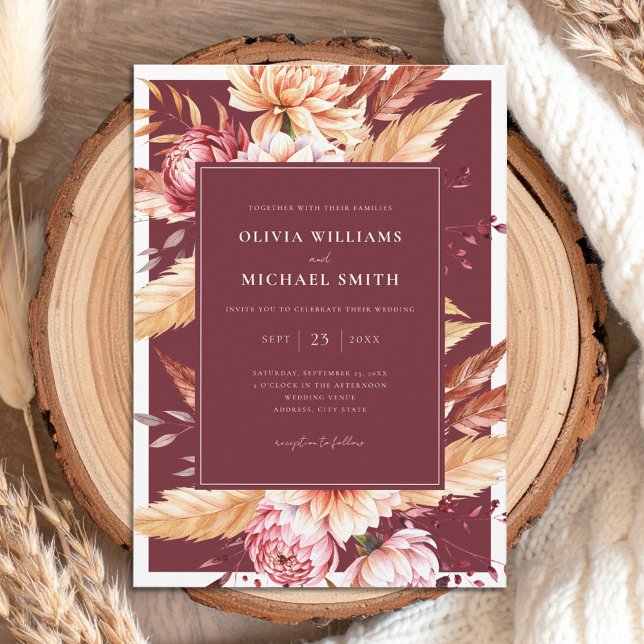Elegant Burgundy Boho Chic Floral Wedding Invitation (Creator Uploaded)