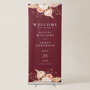 Elegant Burgundy Boho Chic Floral Wedding Welcome Retractable Banner