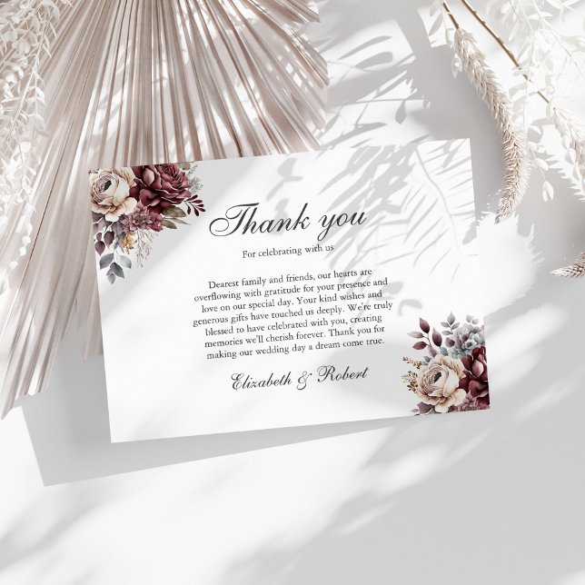 Elegant Burgundy Boho Floral Wedding Thank You Card (Elegant Burgundy Boho Floral Wedding Thank You Card on a sunny table with boho white botanicals)