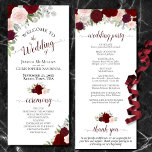 Elegant Burgundy Boho Watercolor Floral Wedding Programme<br><div class="desc">This beautiful wedding program features an elegant floral boho chic design with hand painted roses in shades of red, burgundy, and blush pink on a white background. The titles are written in fancy script calligraphy, and there is space for your ceremony and wedding party details, as well as a short...</div>