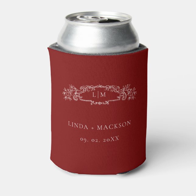 Elegant Burgundy botanical crest monogram wedding Can Cooler (Can Back)