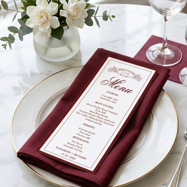 Elegant Burgundy botanical crest monogram wedding Menu (Creator Uploaded)
