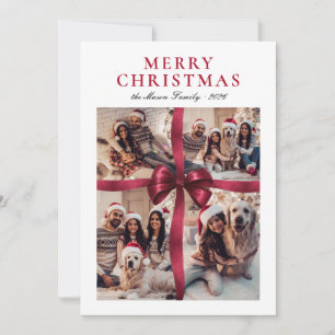 Elegant Burgundy Bow 4 Photo Collage Christmas Holiday Card