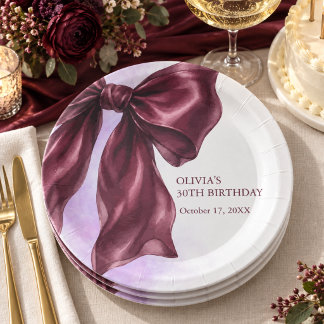 Elegant Burgundy Bow Birthday Party Paper Plate