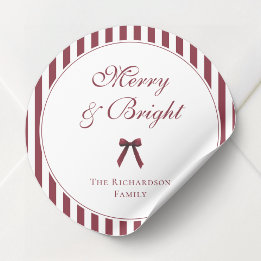 Elegant Burgundy Bow Script Striped Christmas Classic Round Sticker