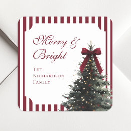 Elegant Burgundy Bow Watercolor Christmas Tree Square Sticker