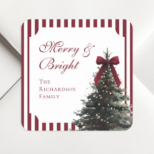 Elegant Burgundy Bow Watercolor Christmas Tree Square Sticker