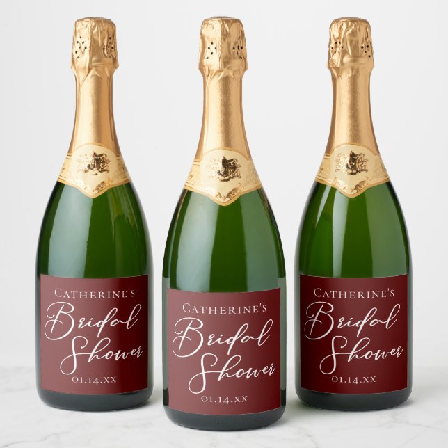 Elegant Burgundy Bridal Shower Personalised Sparkling Wine Label (Bottles)