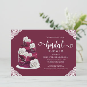 Elegant Burgundy Cake And Lace Bridal Shower Invitation