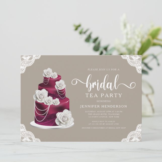 Elegant Burgundy Cake Bridal Tea Party Invitation (Standing Front)