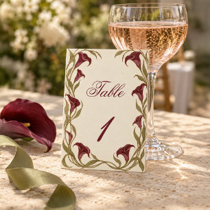 Elegant Burgundy Calla Lily Wedding Reception Table Number