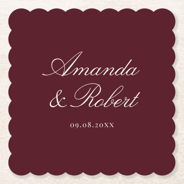 Elegant Burgundy Calligraphy Wedding Paper Coaster (Front)