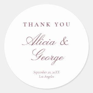Elegant burgundy calligraphy wedding thank you classic round sticker