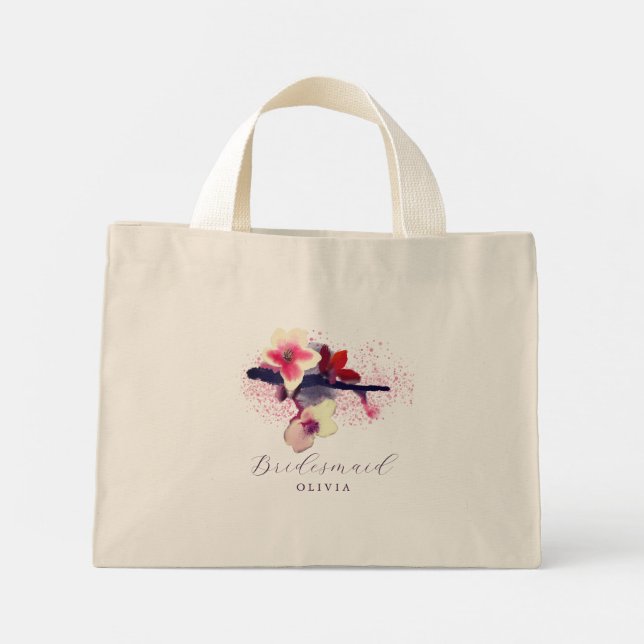 Elegant Burgundy Cherry Blossom Bridesmaid Mini Tote Bag (Back)