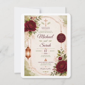 Elegant Burgundy, Citrus green and Copper Wedding Invitation