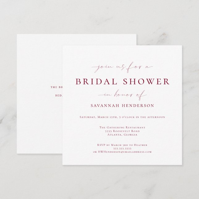 Elegant Burgundy Classic Bridal Shower Invitation (Front/Back)