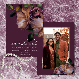 Elegant Burgundy Classic Moody Floral Photo Save The Date