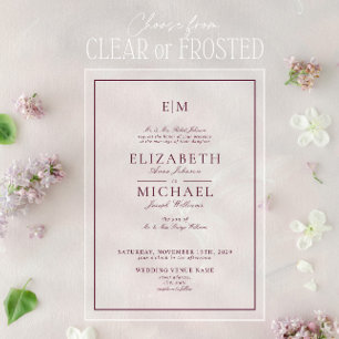 Elegant Burgundy Classic Script Monogram Wedding Acrylic Invitations