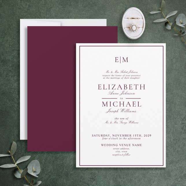 Elegant Burgundy Classic Script Monogram Wedding Invitation (Creator Uploaded)