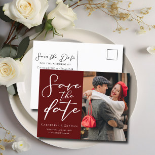 Elegant Burgundy Couple Photo Save the Photo Announcement Postcard