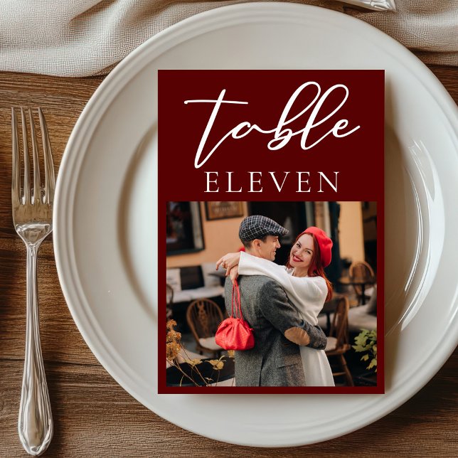Elegant Burgundy Couple Photo Wedding Table Number (Creator Uploaded)