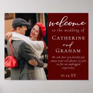Elegant Burgundy Couple Photo Wedding Welcome Poster