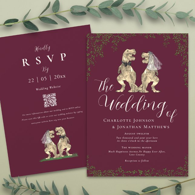 Elegant Burgundy & Cream Dinosaur Wedding QR Code Invitation (T-Rex bride and groom funny dinosaur burgundy & ivory cream wedding qr code invitation )