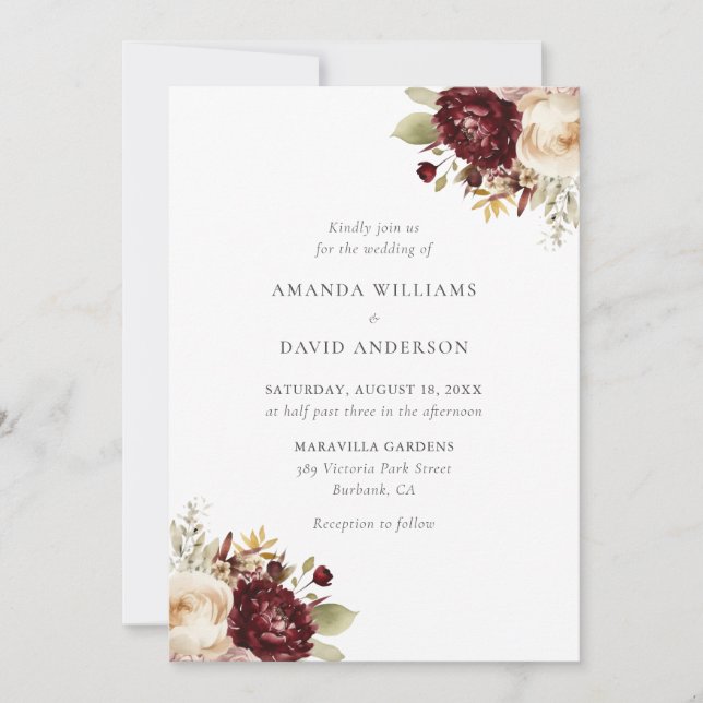 Elegant Burgundy Cream Floral Wedding Invitation (Front)