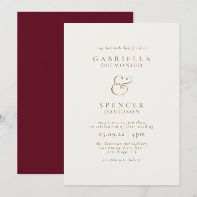  Elegant Burgundy Cream Gold Wedding  Invitation (Front/Back)