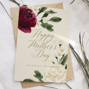 Elegant Burgundy & Cream Rose Blossom Mother's Day Card