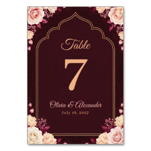Elegant Burgundy Cream Rose Wedding Table Number